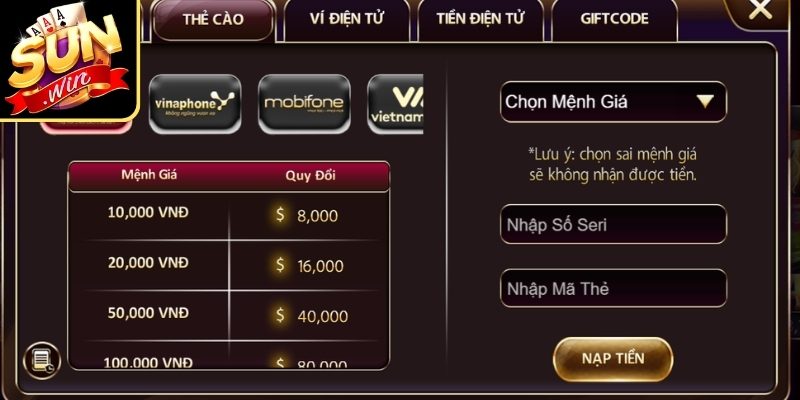 Cách nạp tiền Sunwin